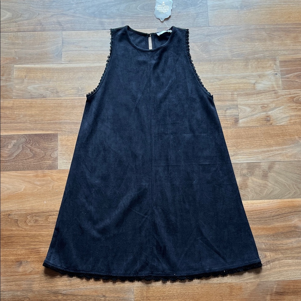 Altar'd State Black Suede Sleeveless Midi Dress w/ Lace Detailing